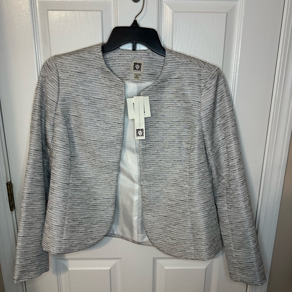 Anne Klein Silver and Black Open Front Chic Office Women's Blazer Size Medium
